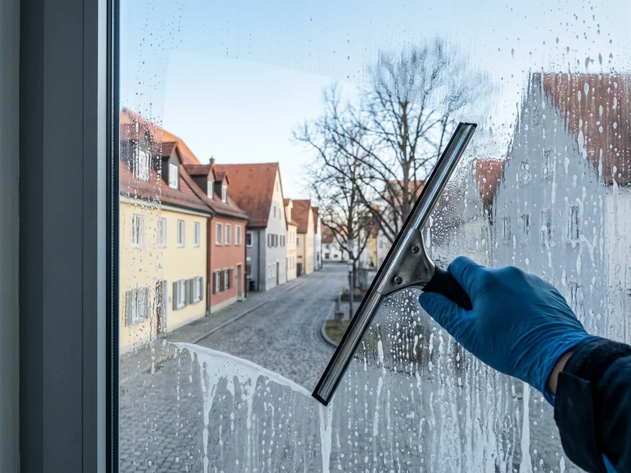 Fensterscheibe wird mit dem Abzieher gereinigt