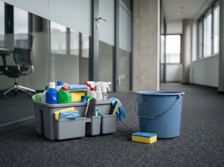 Professioneller Reinigungswagen neben einfachem Eimer