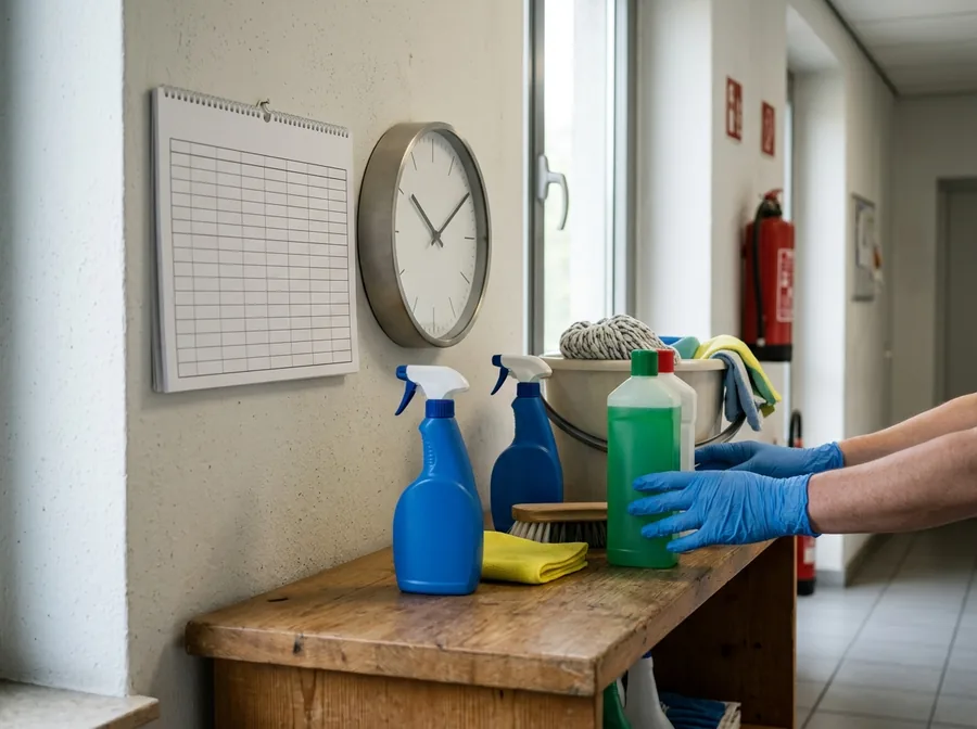 Wandplaner und Uhr neben Reinigungsmitteln